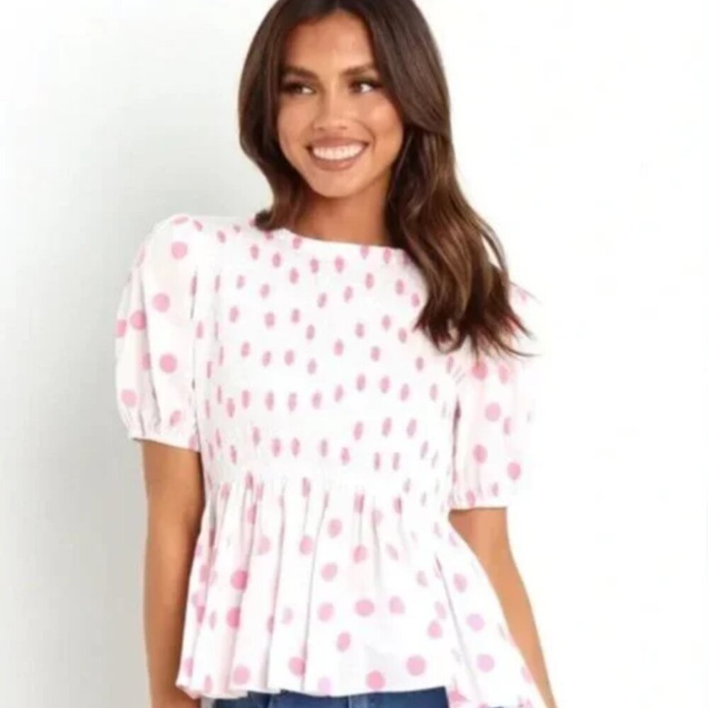 NWT Petal & Pup Short Sleeve Cotton Polka White and Pink Top, Gasal, size 8
